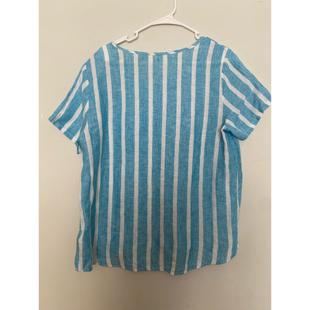 Christian Siriano 100% Linen Blouse Striped Blue Preppy Quiet Luxury Resort Boho - Picture 3 of 5